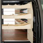 Outside RH side view of the Fiat Scudo SWB NS Rear Racking and Bulkhead/Front RH L-Rack - LH side door displayed open