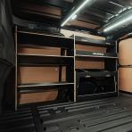 Side van angle view of the VW Caddy Cargo Maxi 2021- Hexaboard Driver-Side Shelving + Ulti-Rack V2