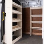 Side van view of the MAN TGE 2017- MWB Front Toolbox Shelving and Bulkhead Ply Racking