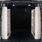 Rear van view of the Ford Transit Custom 2012-2023 L2 Triple Ply Racking and Shelving Pack XXL 