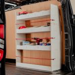 Rear van side angle view of the Ford Transit Custom 2012-2023 Crew Cab SWB OS Rear Racking and Shelving