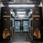 Rear van view of the Kia PV5 Cargo Makita Makpac Toolbox Compatible Van Racking (x3 V1) displayed with Makita toolboxes 