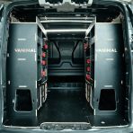 Rear van view of the Peugeot Expert 2016+ SWB Hexaboard Milwaukee PackOut Double Rear Racking 
