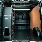 Rear van view of the Peugeot Expert 2016+ L2 Milwaukee Packout NS Rear Toolbox Rack with optional top tray