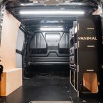 Rear van view of the Kia PV5 Cargo DeWalt ToughSystem Toolbox Compatible Van Racking - OS Rear displayed with DeWalt ToughSystem toolboxes
