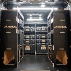 Rear van view of the Kia PV5 Cargo DeWalt ToughSystem Toolbox Compatible Van Racking (x3 V1) displayed with DeWalt ToughSystem toolboxes and top trays