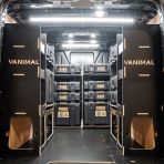 Rear van view of the Kia PV5 Cargo DeWalt ToughSystem Toolbox Compatible Van Racking (x3 V1) displayed with DeWalt ToughSystem toolboxes