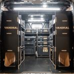 Rear van view of the Kia PV5 Cargo DeWalt ToughSystem Trolley Compatible Van Racking (x3 V1) displayed with DeWalt ToughSystem toolboxes and trolley