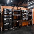 Side van view of the Fiat Scudo 2022+ L1 DeWalt TSTAK Toolbox Compatible Van Racking (Full OS) displayed with DeWalt TSTAK toolboxes