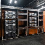 Side van view of the Fiat Scudo 2022+ L1 DeWalt TSTAK Toolbox Compatible Van Racking (Full OS) displayed with DeWalt TSTAK toolboxes and top trays