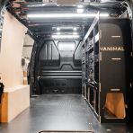 Rear van view of the Fiat Scudo 2022+ L1 DeWalt TSTAK Toolbox Compatible Van Racking (Full OS) displayed with DeWalt TSTAK toolboxes and top trays