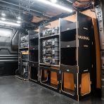 Rear van side angle view of the Fiat Scudo 2022+ L1 DeWalt TSTAK Trolley Compatible Van Racking (Full OS) displayed with DeWalt TSTAK toolboxes