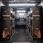 Rear van view of the Peugeot Expert 2016+ L1 DeWalt TSTAK Toolbox Compatible Van Racking (x3 V2) displayed with DeWalt TSTAK toolboxes