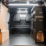 Rear van view of the Fiat Scudo 2022+ L1 DeWalt TSTAK Toolbox Compatible Van Racking - OS Rear displayed with DeWalt TSTAK toolboxes and top tray