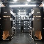 Rear van view of the Kia PV5 Cargo DeWalt TSTAK Toolbox Compatible Van Racking (x3 V1) displayed with DeWalt TSTAK toolboxes