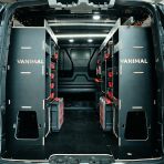 Rear van view of the Toyota Proace 2016+ L2 Milwaukee Packout Trolley Compatible Van Racking displayed with Milwaukee Tools 