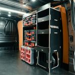 Rear van OS angled view of the Peugeot Expert 2016+ L2 Milwaukee Packout OS Rear Toolbox Rack with optional top tray