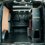 Rear van view of the VW Transporter T7 L2 Milwaukee Packout OS Rear Toolbox Rack with optional top tray