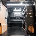 Rear van view of the Scudo 2022- L2 DeWalt ToughSystem Toolbox Compatible Van Racking (Full OS) displayed with DeWalt ToughSystem 2.0 toolboxes and top trays