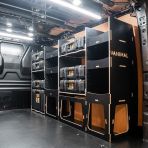 Rear van side angle view of the Fiat Scudo DeWalt ToughSystem 2.0 Toolbox Compatible Van Racking (Full OS V2) displayed with DeWalt ToughSystem 2.0 toolboxes