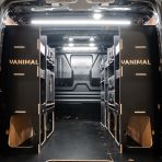 Rear van view of the Fiat Scudo DeWalt ToughSystem 2.0 Toolbox Compatible Van Racking (x3 V2) displayed with Milwaukee toolboxes