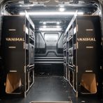 Rear van view of the Scudo 2022- L2 DeWalt ToughSystem Toolbox Compatible Van Racking (x3 V2) displayed with DeWalt ToughSystem 2.0 toolboxes and top trays