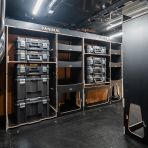 Side van angle view of the Peugeot Expert 2016+ L2 DeWalt TSTAK Toolbox Compatible Van Racking (x3 V2) displayed with DeWalt TSTAK toolboxes and top trays