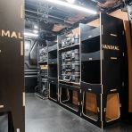 OS rear van view of the Peugeot Expert 2016+ L2 DeWalt TSTAK Trolley Compatible Van Racking (x3 V2) displayed with DeWalt TSTAK toolboxes and trolley 