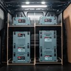 Rear van view of the Kia PV5 Cargo Makita Makpac Toolbox Compatible Van Racking - Bulkhead displayed with Makita toolboxes