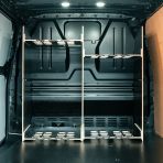 Rear van view of the Kia PV5 Cargo Milwaukee Packout Toolbox Compatible Van Racking - Bulkhead