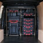 Rear van view of the Kia PV5 Cargo Milwaukee Packout Trolley Compatible Van Racking - Bulkhead displayed with Milwaukee toolboxes, trolley and top tray