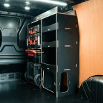 Rear van OS angle view of the Fiat Scudo 2022+ Milwaukee Packout Front Trolley Van Racking with optional top tray