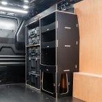 Rear van side angle view of the Vauxhall Vivaro C 2019+ DeWalt TSTAK Toolbox Compatible Van Racking - Front displayed with DeWalt TSTAK toolboxes and top tray