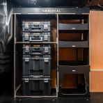 Side van view of the Vauxhall Vivaro C 2019+ DeWalt TSTAK Toolbox Compatible Van Racking - Front displayed with DeWalt TSTAK toolboxes and top tray