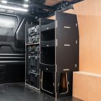 Rear van side angle view of the Vauxhall Vivaro C 2019+ DeWalt TSTAK Toolbox Compatible Van Racking - Front displayed with DeWalt TSTAK toolboxes