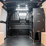 Rear van view of the Vauxhall Vivaro C 2019+ DeWalt TSTAK Toolbox Compatible Van Racking - Front displayed with DeWalt TSTAK toolboxes