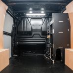 Rear van side angle view of the Fiat Scudo 2022+ DeWalt TSTAK Trolley Compatible Van Racking - Front displayed with DeWalt TSTAK trolley