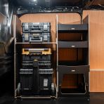 Side van view of the Fiat Scudo 2022+ DeWalt TSTAK Trolley Compatible Van Racking - Front displayed with DeWalt TSTAK trolley and toolboxes