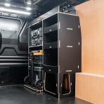 Rear van side angle view of the Fiat Scudo 2022+ DeWalt TSTAK Trolley Compatible Van Racking - Front displayed with DeWalt TSTAK trolley and toolboxes