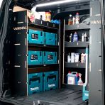 Rear van NS side angle view of the Ford Transit Custom 2024- LWB Crew Cab Twin MakPac and Bulkhead V2 Hexaboard Van Racking displayed with Makita toolboxes and tools