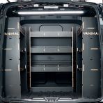 Rear van view of the Ford Transit Custom 2024- LWB Crew Cab Twin MakPac and Bulkhead V2 Hexaboard Van Racking