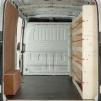 Rear van view of the Nissan Interstar 2025- L3 Full Driver Side Ply Racking with Front Festool Shelving
