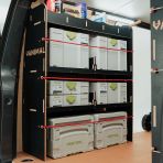 Rear van side angle view of the Fiat Scudo SWB Hexaboard NS Rear MakPac/Toolbox Van Racking displayed with Festool toolboxes and equipment