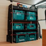 Side van angle view of the Fiat Scudo LWB Hexaboard OS Rear MakPac/Toolbox Van Racking displayed with Makita toolboxes