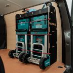 Rear van side angle view of the Fiat Scudo LWB Hexaboard OS Rear MakPac/Toolbox Van Racking displayed with Makita toolboxes and trolleys