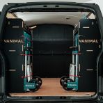 Rear van view of the VW Transporter T5/T6 L1 Hexaboard Double Rear MakPac/Toolbox Van Racking (Pair) displaying equipment, tools and boxes