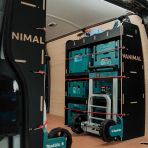 OS side view of the VW Transporter T5/T6 L1 Hexaboard Double Rear MakPac/Toolbox Van Racking (Pair) displaying equipment, tools and boxes