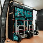 Rear van side angle view of the Fiat Scudo SWB Hexaboard NS Rear MakPac/Toolbox Van Racking displayed with Makita toolboxes, trolleys and equipment