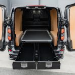 Rear van top angle view of the VW Transporter T7 2025- ProTop Twin Drawer System with Sliding Tray displayed with drawers open