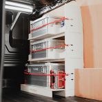 Side angle view of the Front Predator Storage Box (x3) Ply Racking System for the Transit Custom 2023- 